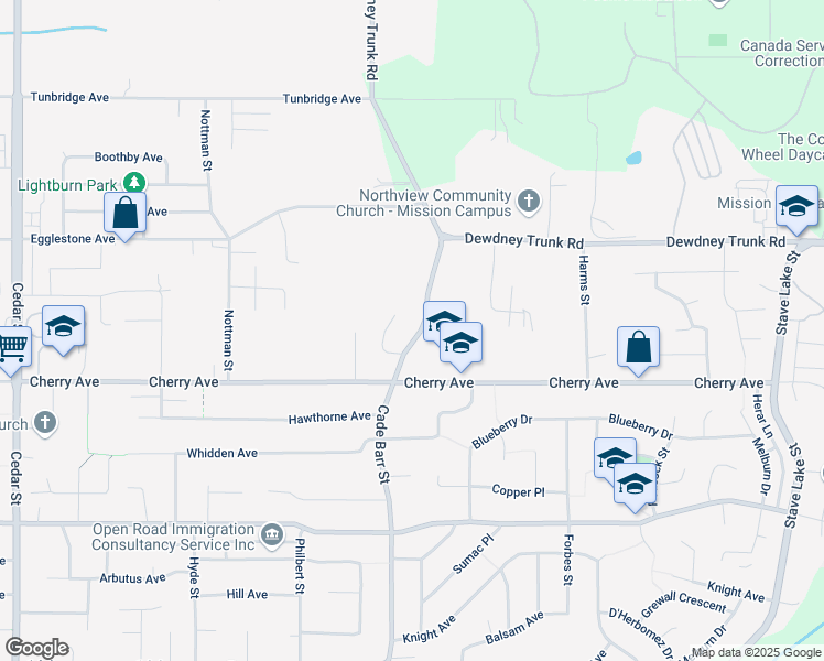 map of restaurants, bars, coffee shops, grocery stores, and more near 8475 Cade Barr Street in Mission