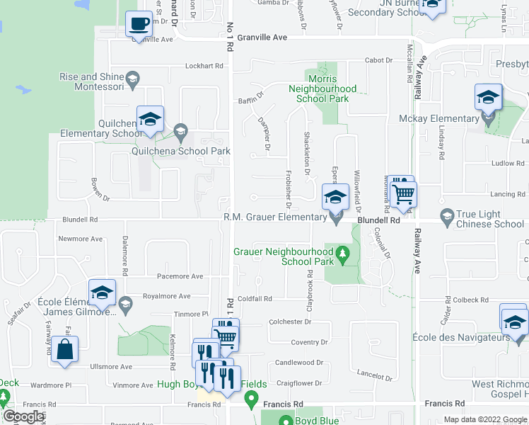 map of restaurants, bars, coffee shops, grocery stores, and more near 4131 Blundell Road in Richmond