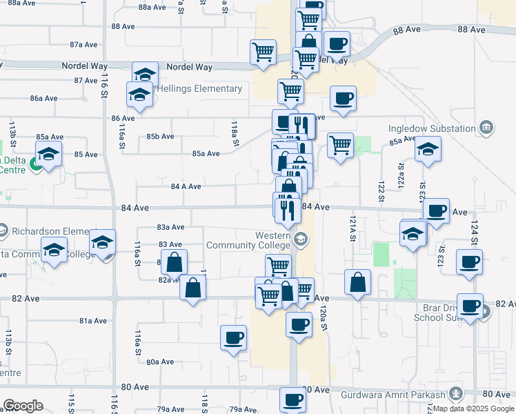 map of restaurants, bars, coffee shops, grocery stores, and more near 11908 84 Avenue in Delta