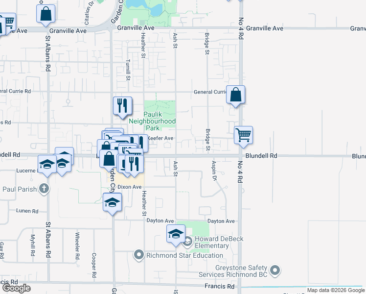 map of restaurants, bars, coffee shops, grocery stores, and more near 7788 Ash Street in Richmond