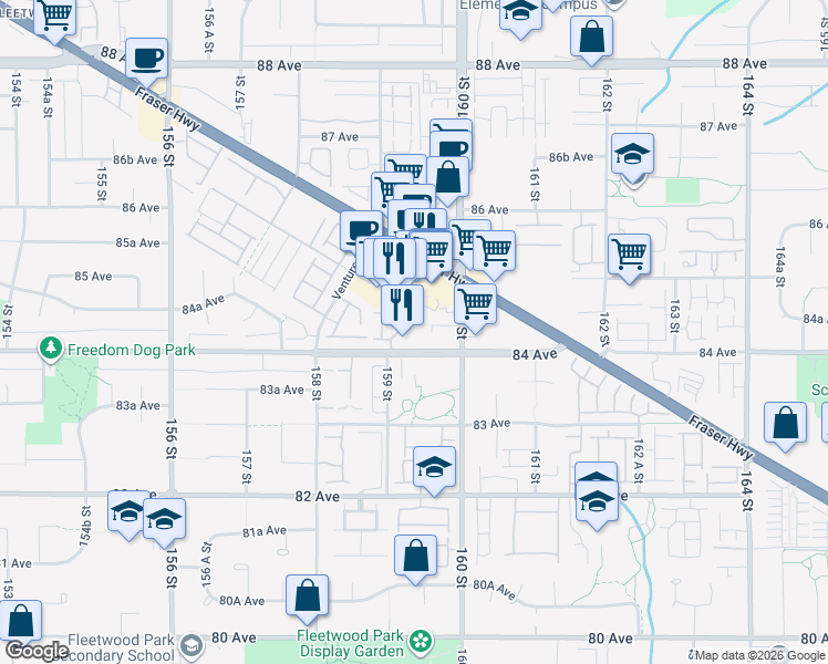 map of restaurants, bars, coffee shops, grocery stores, and more near in Surrey