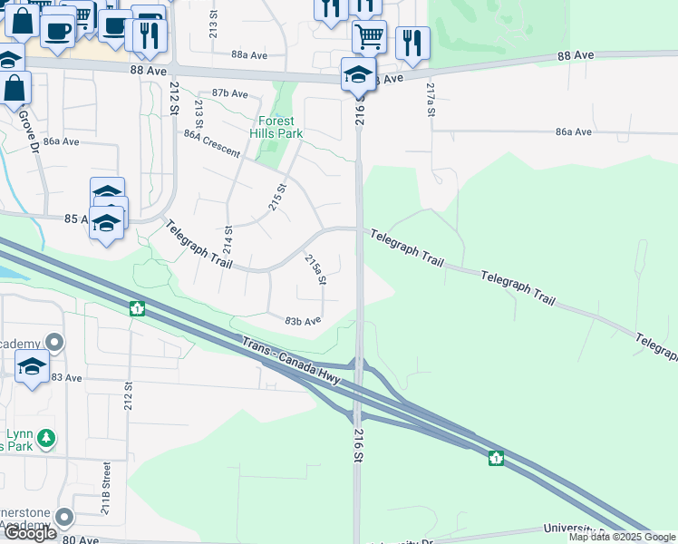 map of restaurants, bars, coffee shops, grocery stores, and more near 4451 215B Street in Langley Township