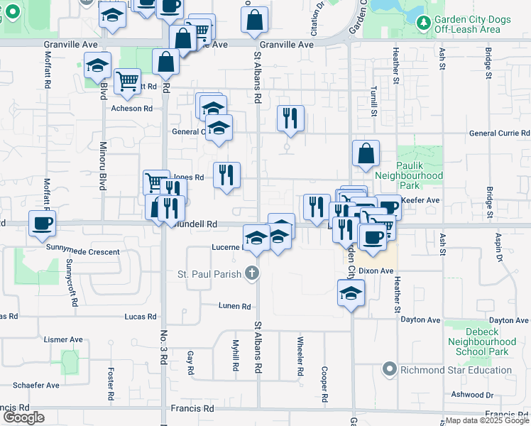 map of restaurants, bars, coffee shops, grocery stores, and more near 7800 Saint Albans Road in Richmond