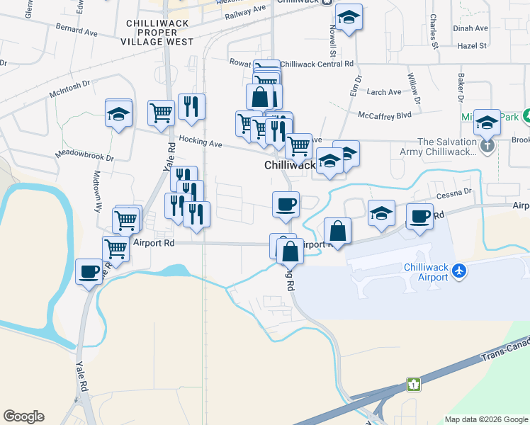 map of restaurants, bars, coffee shops, grocery stores, and more near in Chilliwack