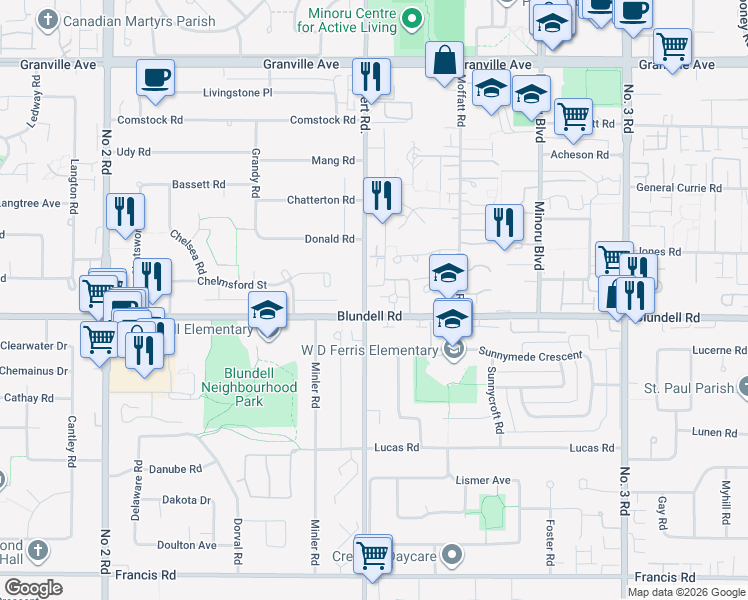 map of restaurants, bars, coffee shops, grocery stores, and more near 301-7031 Blundell Road in Richmond