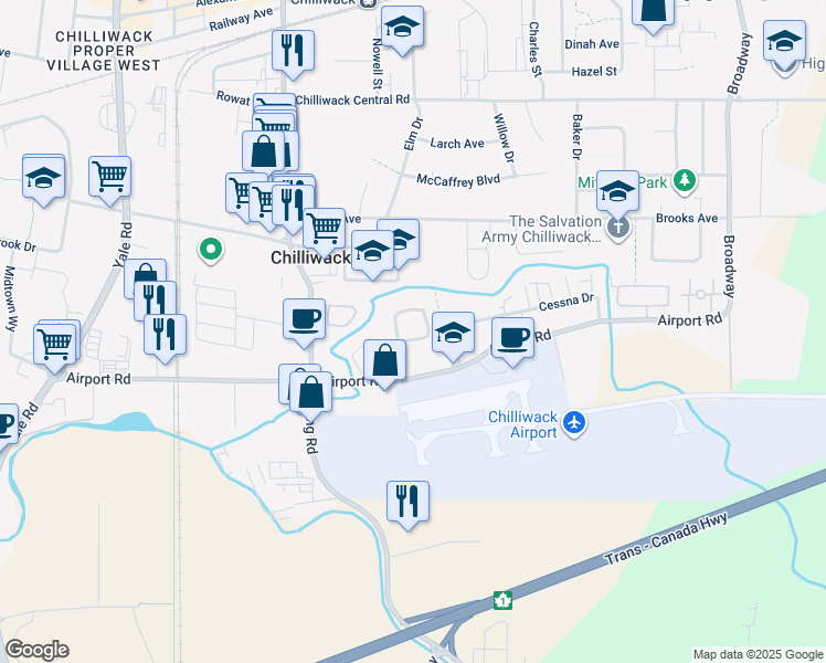 map of restaurants, bars, coffee shops, grocery stores, and more near 8429 Hilton Drive in Chilliwack