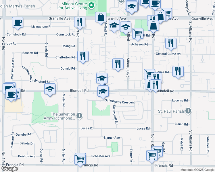 map of restaurants, bars, coffee shops, grocery stores, and more near 7980 Moffatt Road in Richmond