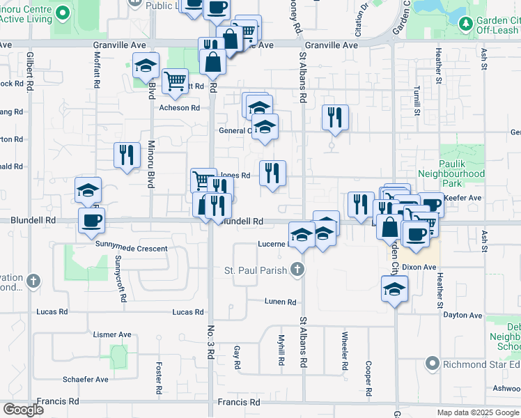 map of restaurants, bars, coffee shops, grocery stores, and more near 8200 Jones Road in Richmond