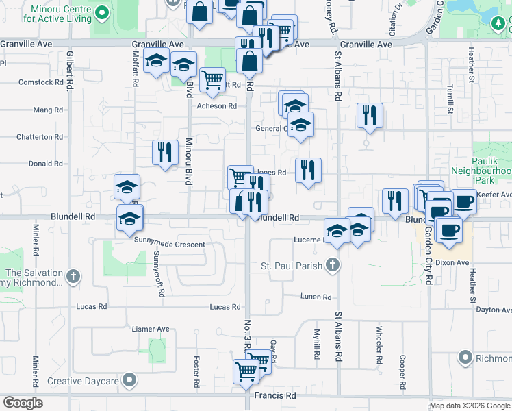 map of restaurants, bars, coffee shops, grocery stores, and more near 8080 Jones Road in Richmond