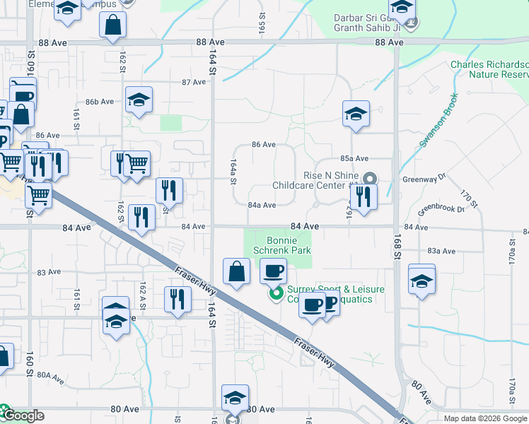 map of restaurants, bars, coffee shops, grocery stores, and more near 16524 84A Avenue in Surrey
