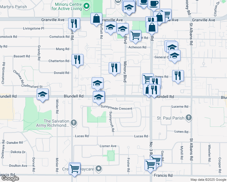 map of restaurants, bars, coffee shops, grocery stores, and more near 7431 Blundell Road in Richmond