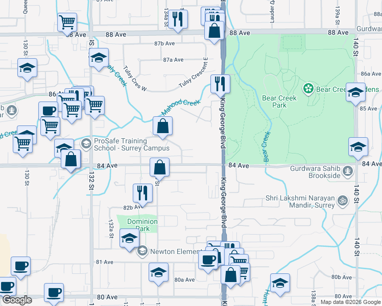 map of restaurants, bars, coffee shops, grocery stores, and more near 13502 84A Avenue in Surrey