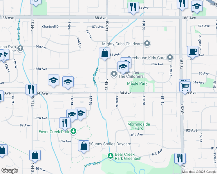 map of restaurants, bars, coffee shops, grocery stores, and more near 8426 148 Street in Surrey