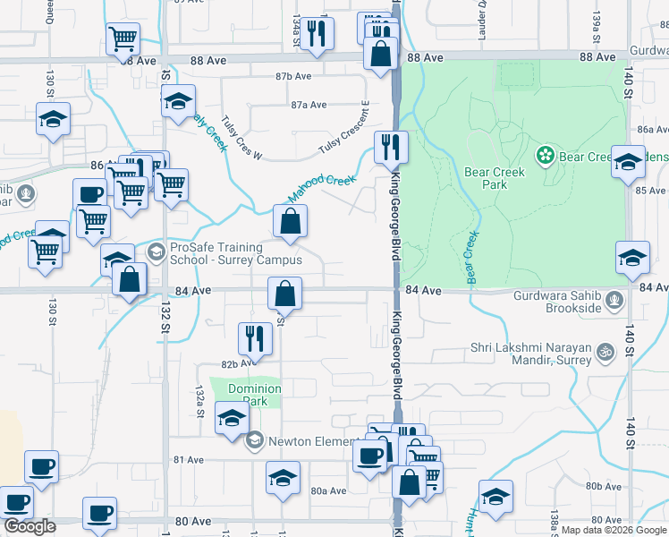 map of restaurants, bars, coffee shops, grocery stores, and more near 13496 84A Avenue in Surrey