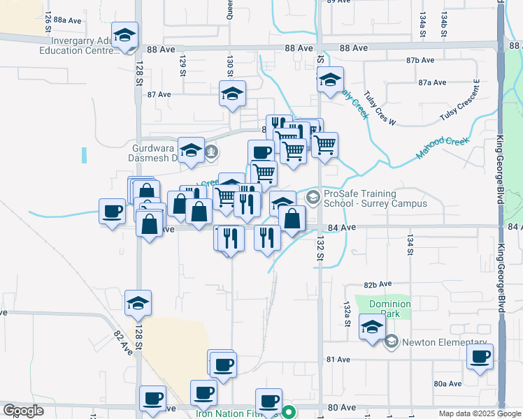 map of restaurants, bars, coffee shops, grocery stores, and more near in Surrey