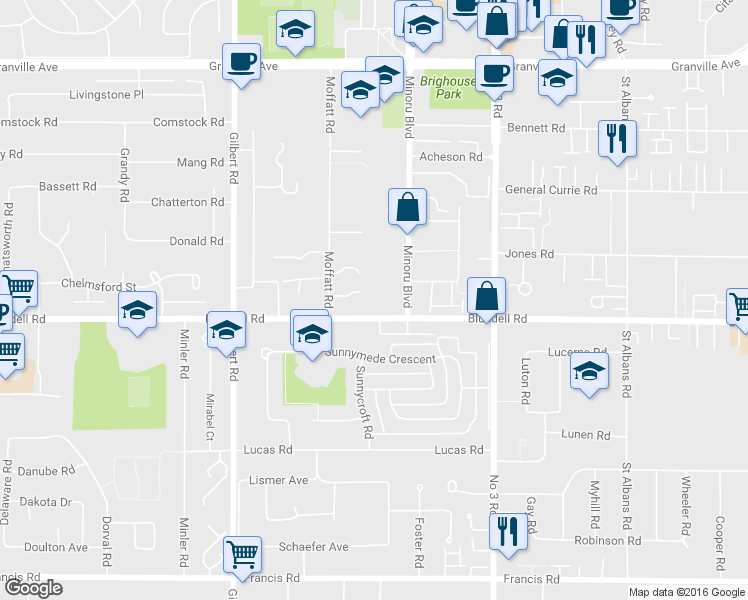 map of restaurants, bars, coffee shops, grocery stores, and more near 7760 Moffatt Road in Richmond