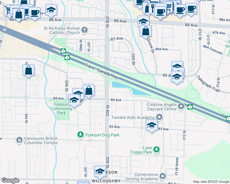 map of restaurants, bars, coffee shops, grocery stores, and more near 20850 84A Avenue in Langley