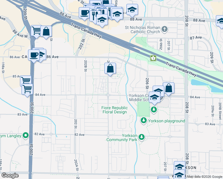 map of restaurants, bars, coffee shops, grocery stores, and more near 8450 204 Street in Langley