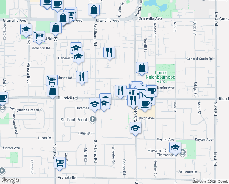 map of restaurants, bars, coffee shops, grocery stores, and more near 8591 Blundell Road in Richmond