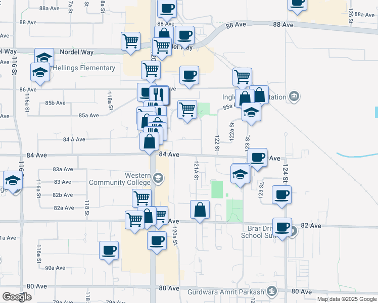 map of restaurants, bars, coffee shops, grocery stores, and more near 12111 84 Avenue in Surrey