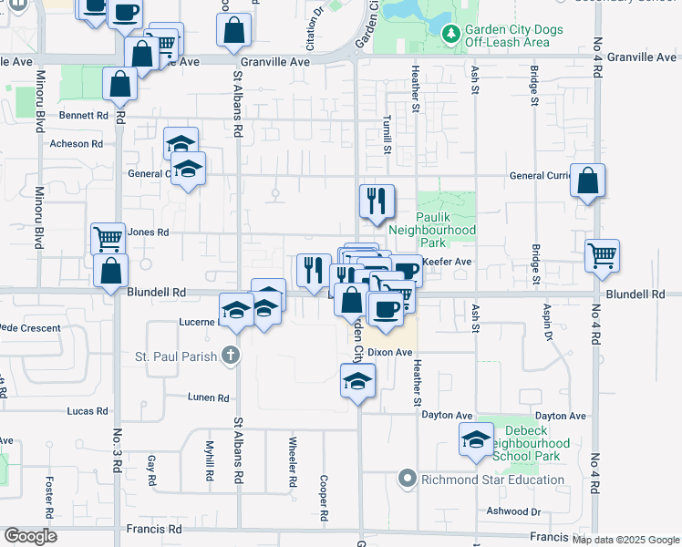 map of restaurants, bars, coffee shops, grocery stores, and more near 7831 Garden City Road in Richmond