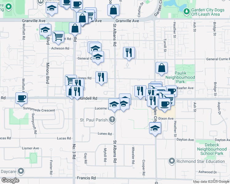 map of restaurants, bars, coffee shops, grocery stores, and more near 7800 Saint Albans Road in Richmond
