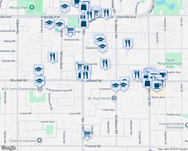 map of restaurants, bars, coffee shops, grocery stores, and more near 8100 Jones Road in Richmond