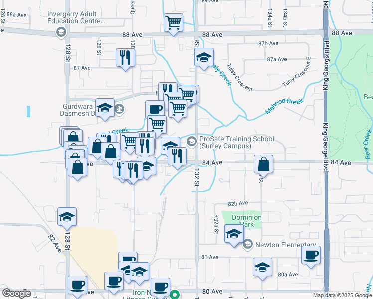 map of restaurants, bars, coffee shops, grocery stores, and more near 8433 132 Street in Surrey