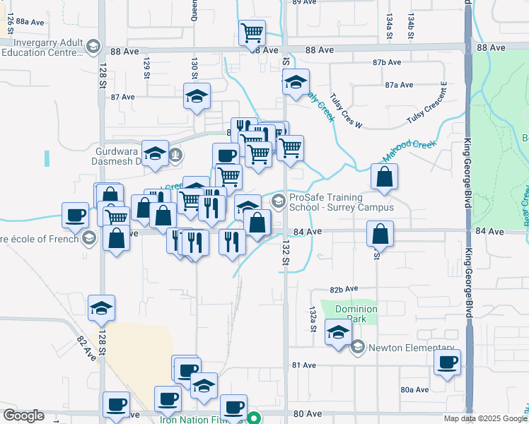 map of restaurants, bars, coffee shops, grocery stores, and more near 8433 132 Street in Surrey