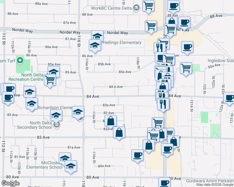 map of restaurants, bars, coffee shops, grocery stores, and more near 11755 84 Avenue in Delta