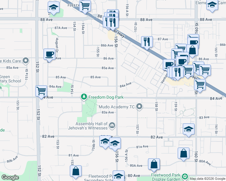 map of restaurants, bars, coffee shops, grocery stores, and more near 8435 156 Street in Surrey