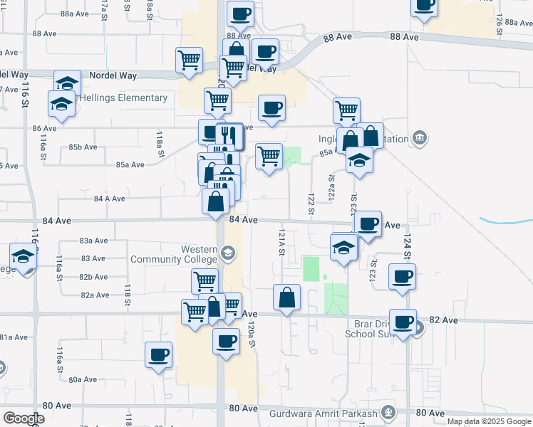 map of restaurants, bars, coffee shops, grocery stores, and more near 12101 84 Avenue in Surrey