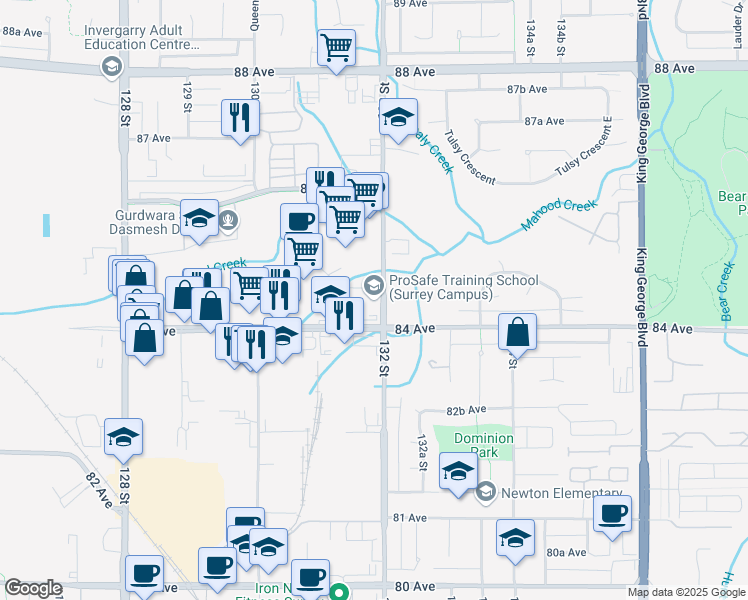 map of restaurants, bars, coffee shops, grocery stores, and more near 8433 132 Street in Surrey