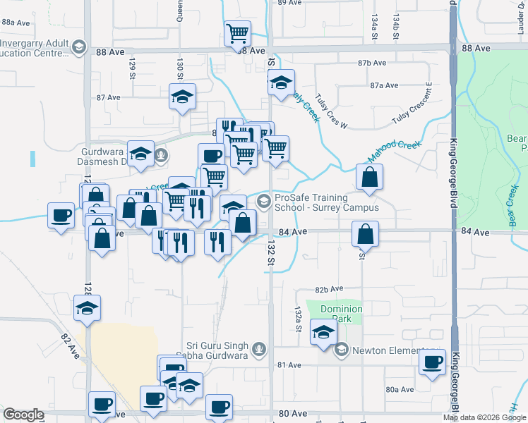map of restaurants, bars, coffee shops, grocery stores, and more near 8433 132 Street in Surrey