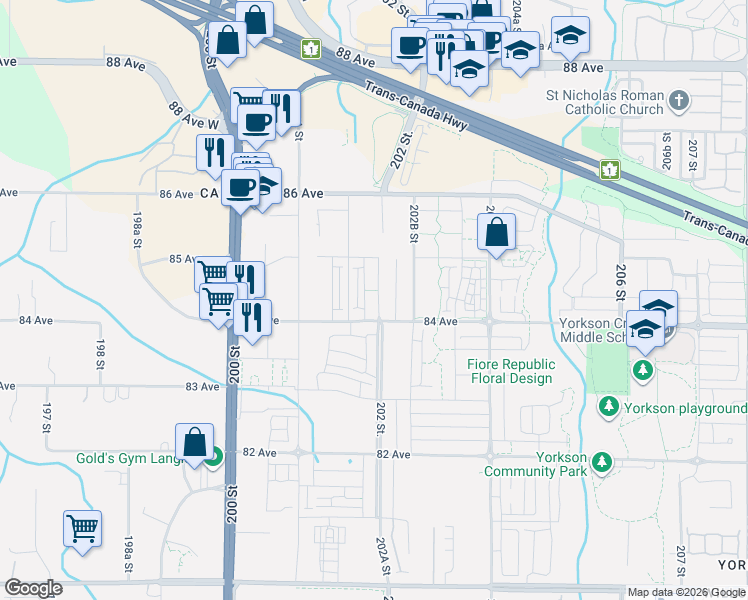 map of restaurants, bars, coffee shops, grocery stores, and more near 8447 202 Street in Langley Township