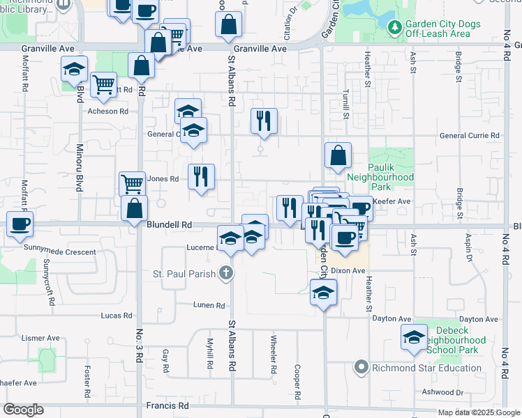 map of restaurants, bars, coffee shops, grocery stores, and more near 8620 Jones Road in Richmond