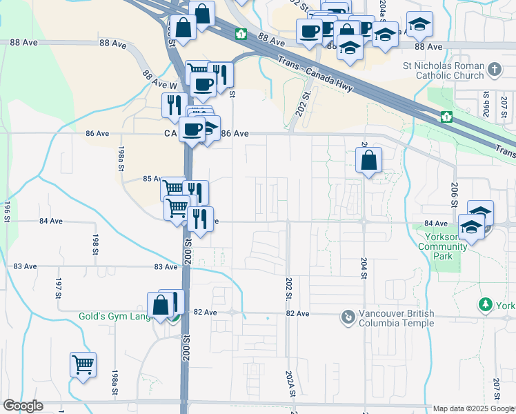 map of restaurants, bars, coffee shops, grocery stores, and more near 20155 84 Avenue in Langley Township
