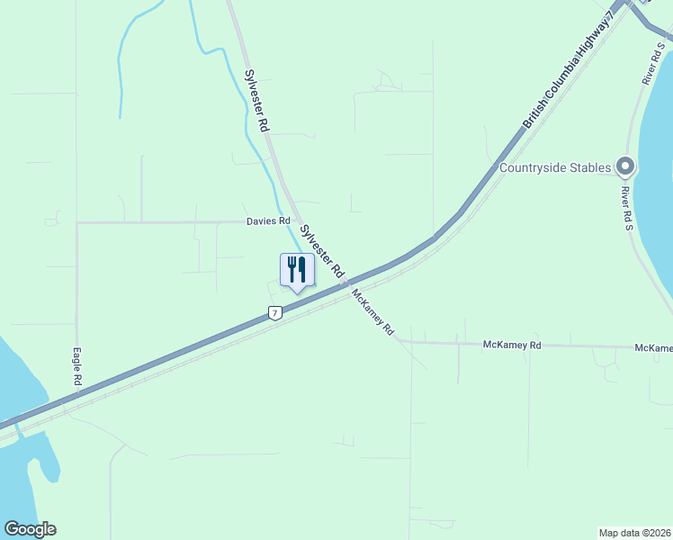map of restaurants, bars, coffee shops, grocery stores, and more near 8590 Sylvester Road in Fraser Valley