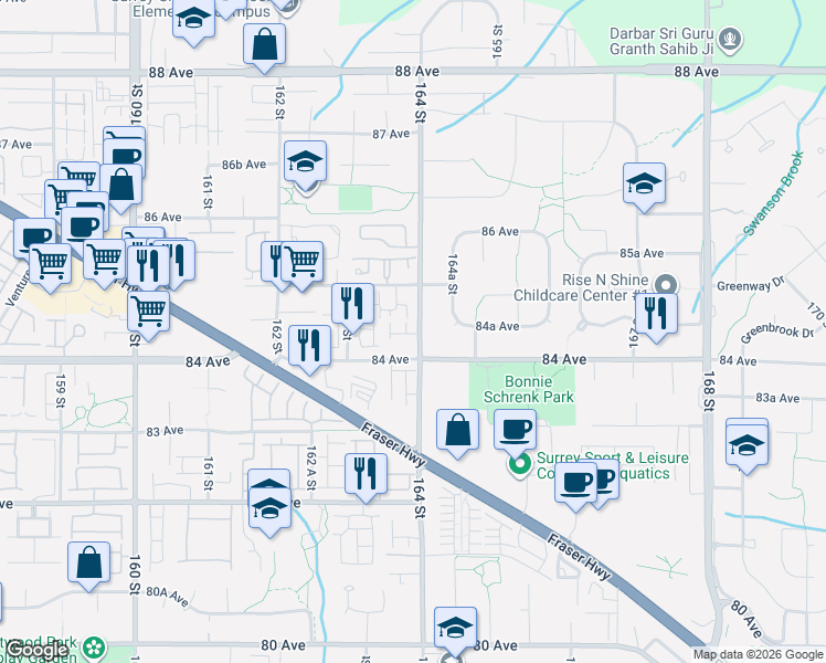 map of restaurants, bars, coffee shops, grocery stores, and more near 8448 164 Street in Surrey