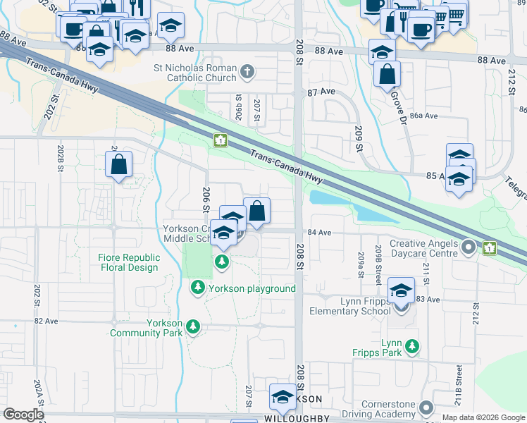 map of restaurants, bars, coffee shops, grocery stores, and more near 8476 207A Street in Langley Township