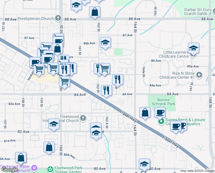 map of restaurants, bars, coffee shops, grocery stores, and more near 8473 163 Street in Surrey