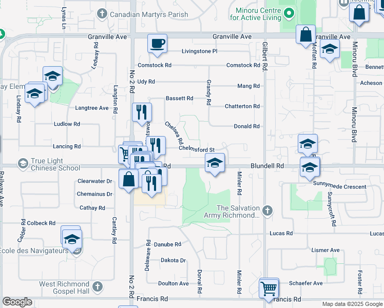 map of restaurants, bars, coffee shops, grocery stores, and more near 6438 Chelmsford Street in Richmond