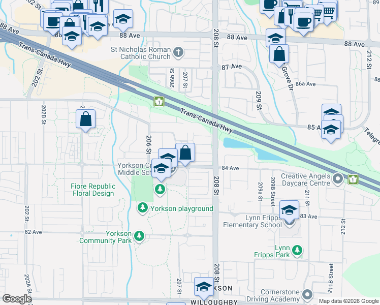 map of restaurants, bars, coffee shops, grocery stores, and more near 8476 207A Street in Langley Township