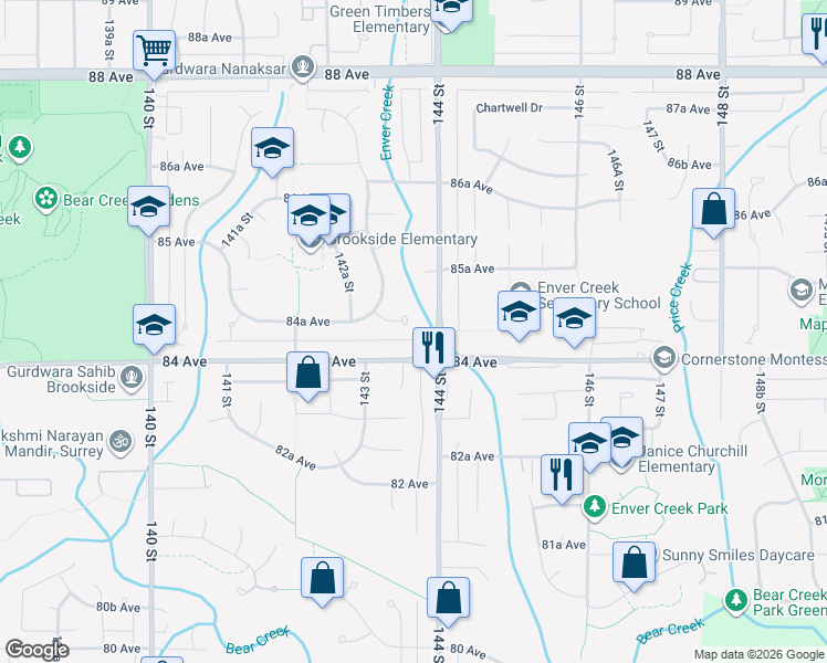 map of restaurants, bars, coffee shops, grocery stores, and more near 14366 84A Avenue in Surrey