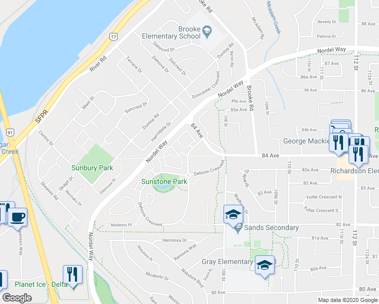 map of restaurants, bars, coffee shops, grocery stores, and more near Delsom Way in Delta