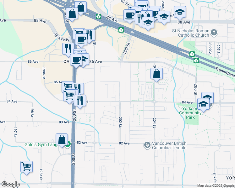 map of restaurants, bars, coffee shops, grocery stores, and more near 8447 202 Street in Langley Township