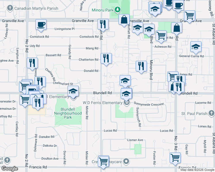 map of restaurants, bars, coffee shops, grocery stores, and more near 7031 Blundell Road in Richmond