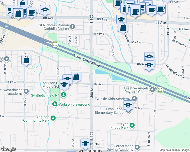map of restaurants, bars, coffee shops, grocery stores, and more near 20829 84A Avenue in Langley Township
