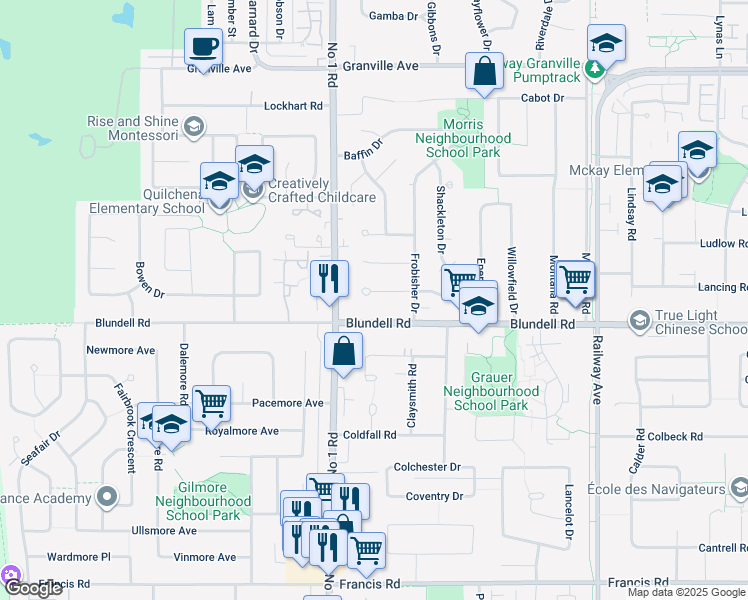 map of restaurants, bars, coffee shops, grocery stores, and more near 4080 Magellan Place in Richmond