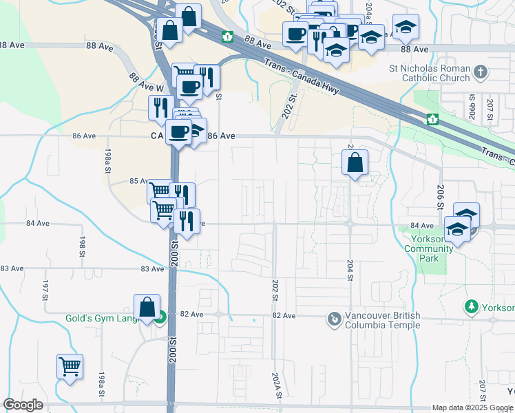 map of restaurants, bars, coffee shops, grocery stores, and more near 20189 84 Avenue in Langley Township